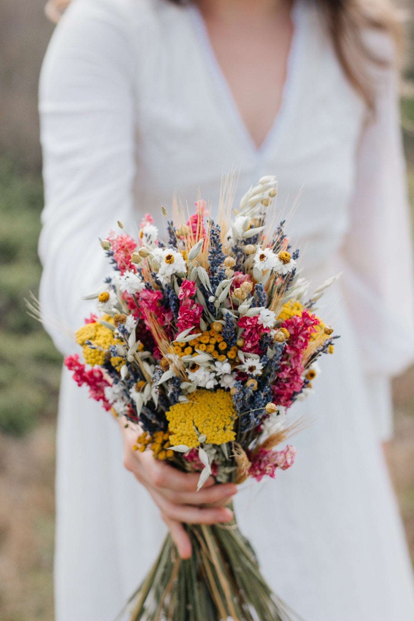 Dried Flower Bouquet with Pink Larkspur, Lavender, Yarrow & Wheat