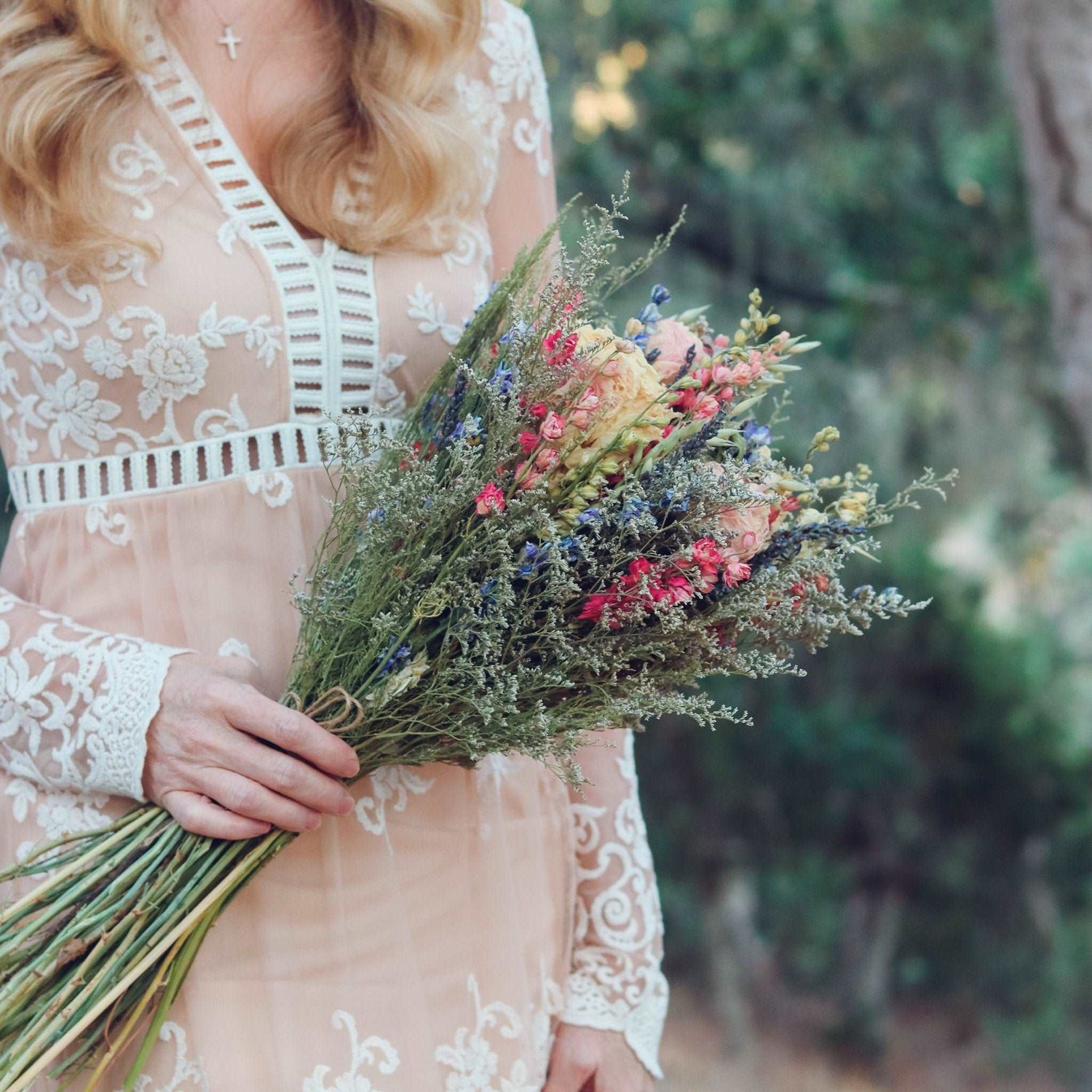 Dried Flower Bouquet – Peony, Blue & Pink Larkspur, Lavender & Avena Oats – Rustic Farm-Grown California Wedding & Home Décor Arrangement