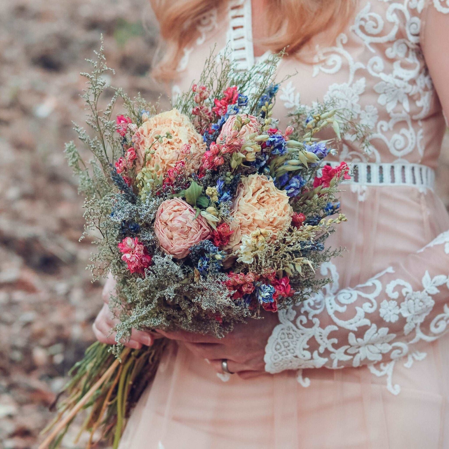 Dried Flower Bouquet – Peony, Blue & Pink Larkspur, Lavender & Avena Oats – Rustic Farm-Grown California Wedding & Home Décor Arrangement
