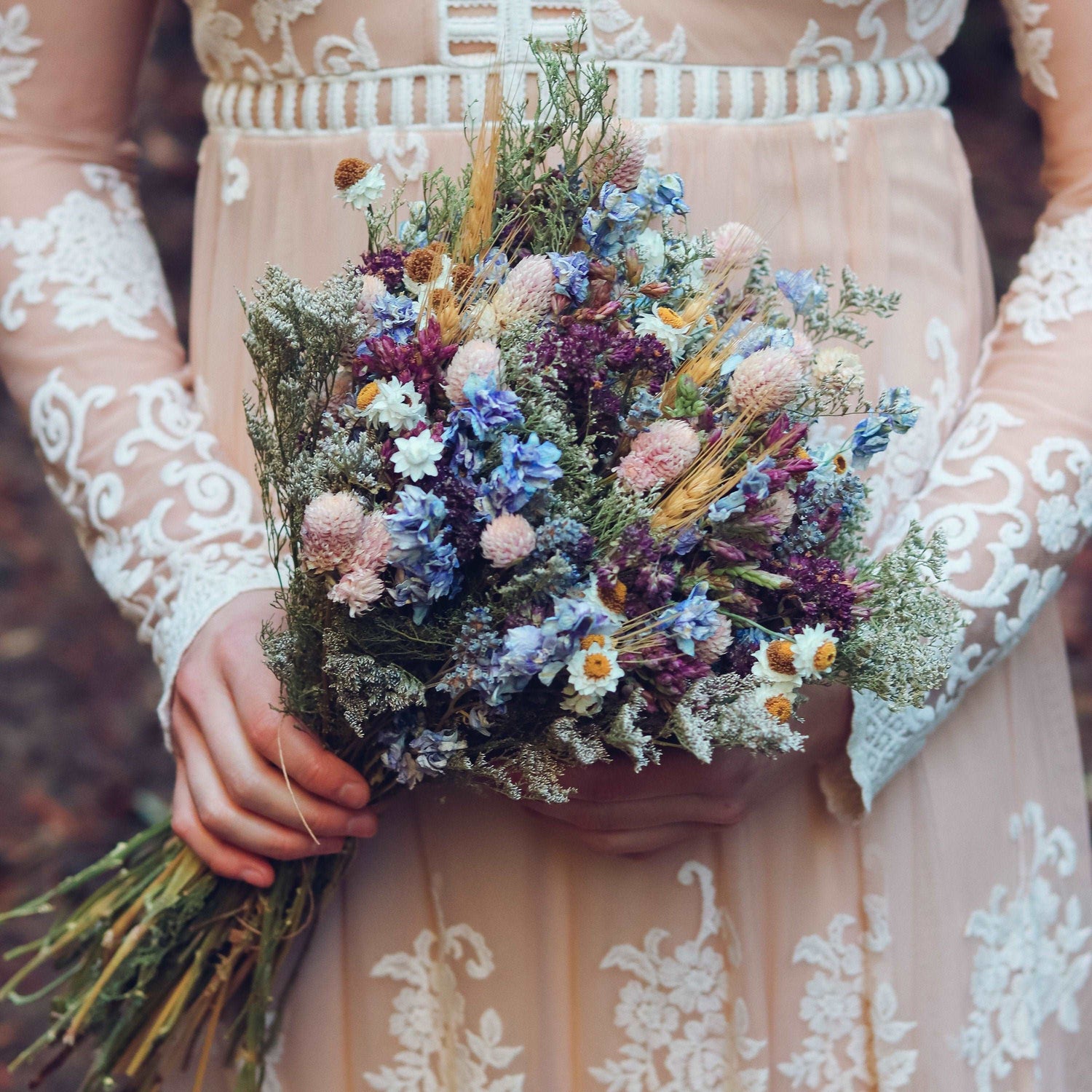 Dried Flower Bouquet with Blue Lavender, Pink Gomphrena, Daisies, Wheat & Oregano