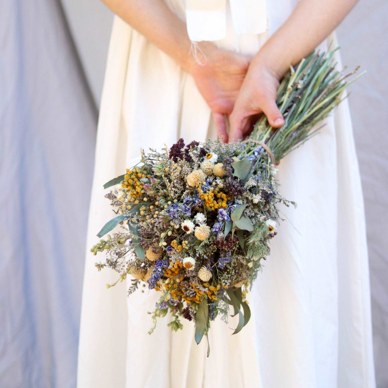 Dried Flower Bouquet – Blue Larkspur, Yarrow, Daisies & Eucalyptus – Rustic Farm-Grown California Wedding & Home Décor Arrangement