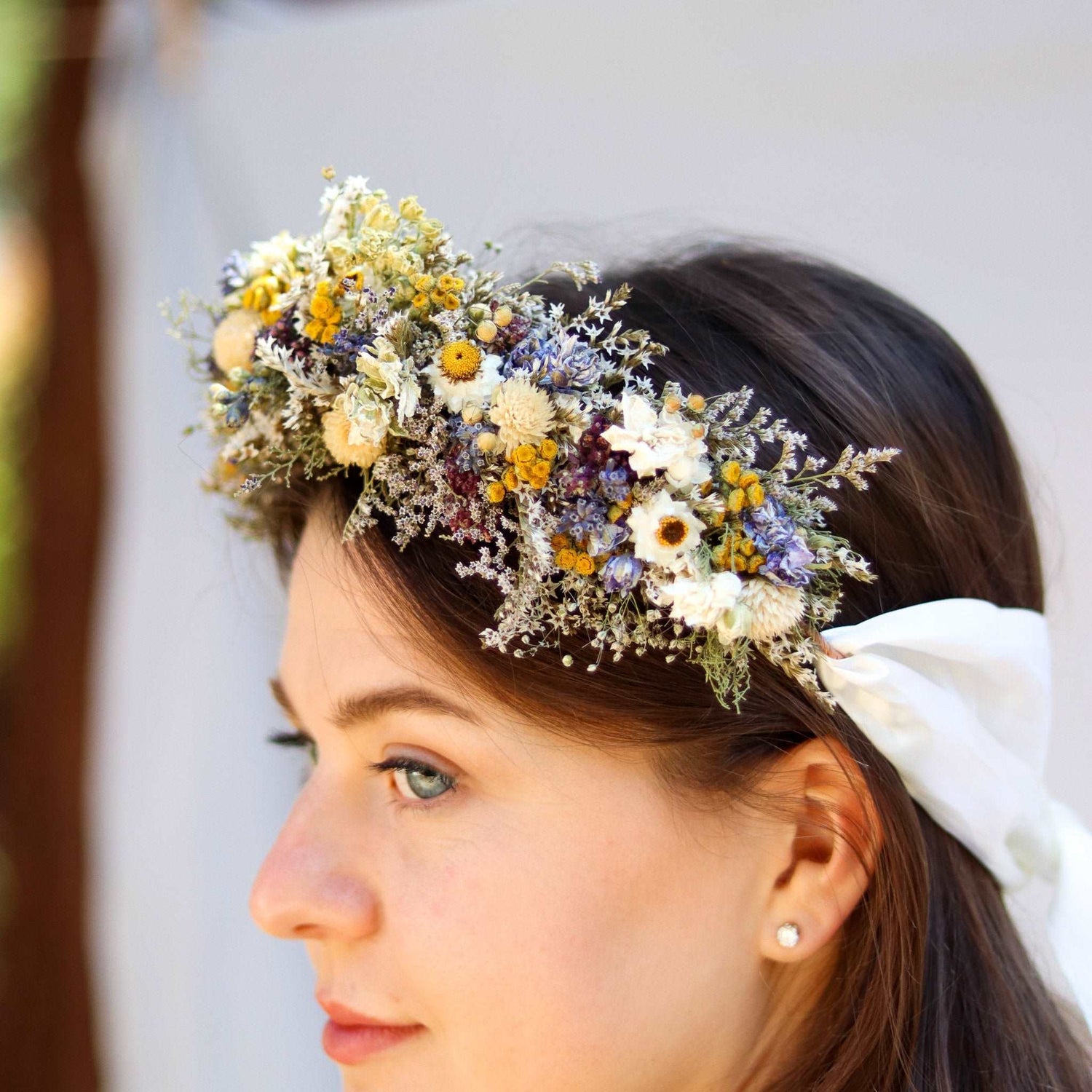 Dried Flower Bouquet – Blue Larkspur, Yarrow, Daisies & Eucalyptus – Rustic Farm-Grown California Wedding & Home Décor Arrangement