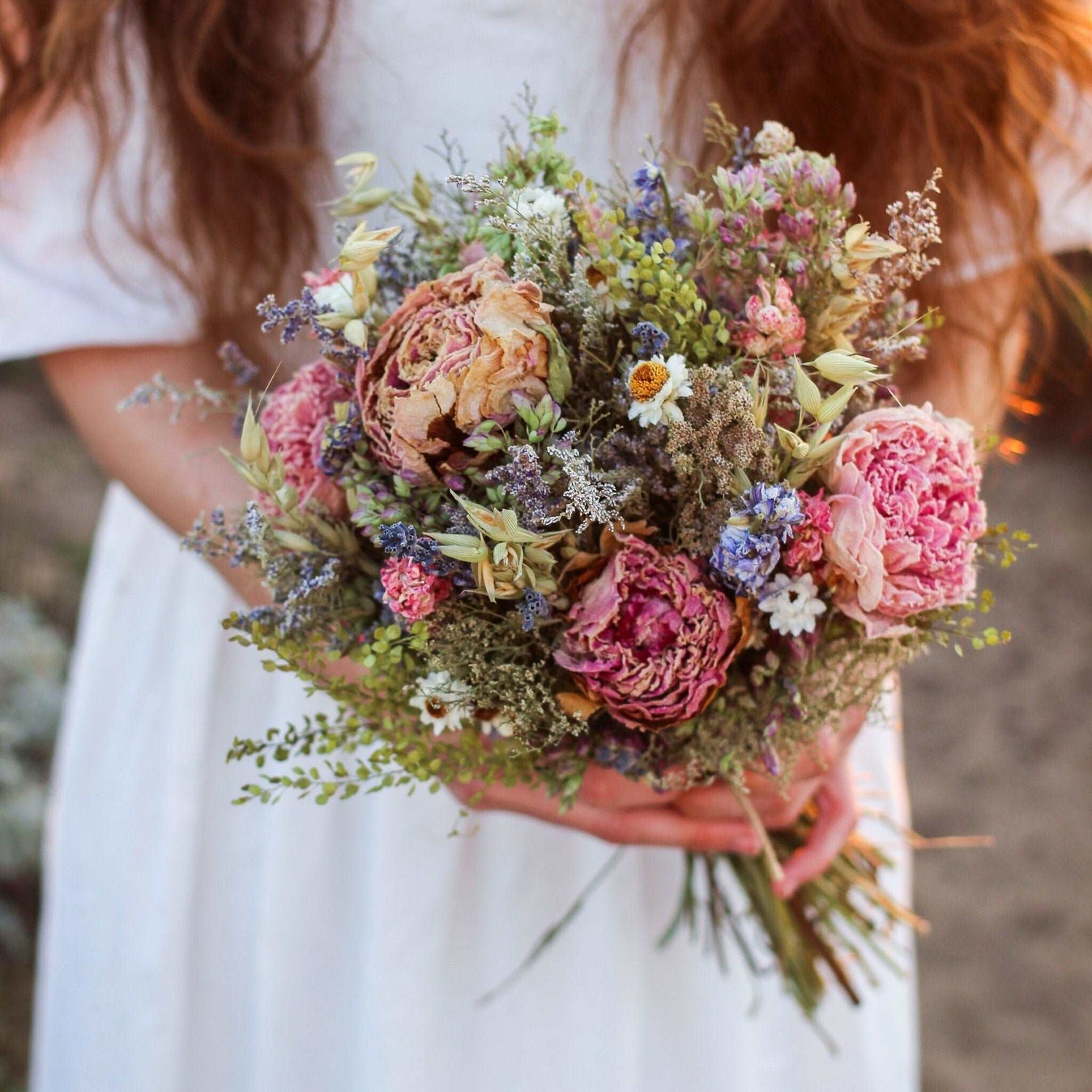 Dried Flower Bouquet – Peony, Blue & Pink Larkspur, Lavender & Avena Oats – Rustic Farm-Grown California Wedding & Home Décor Arrangement