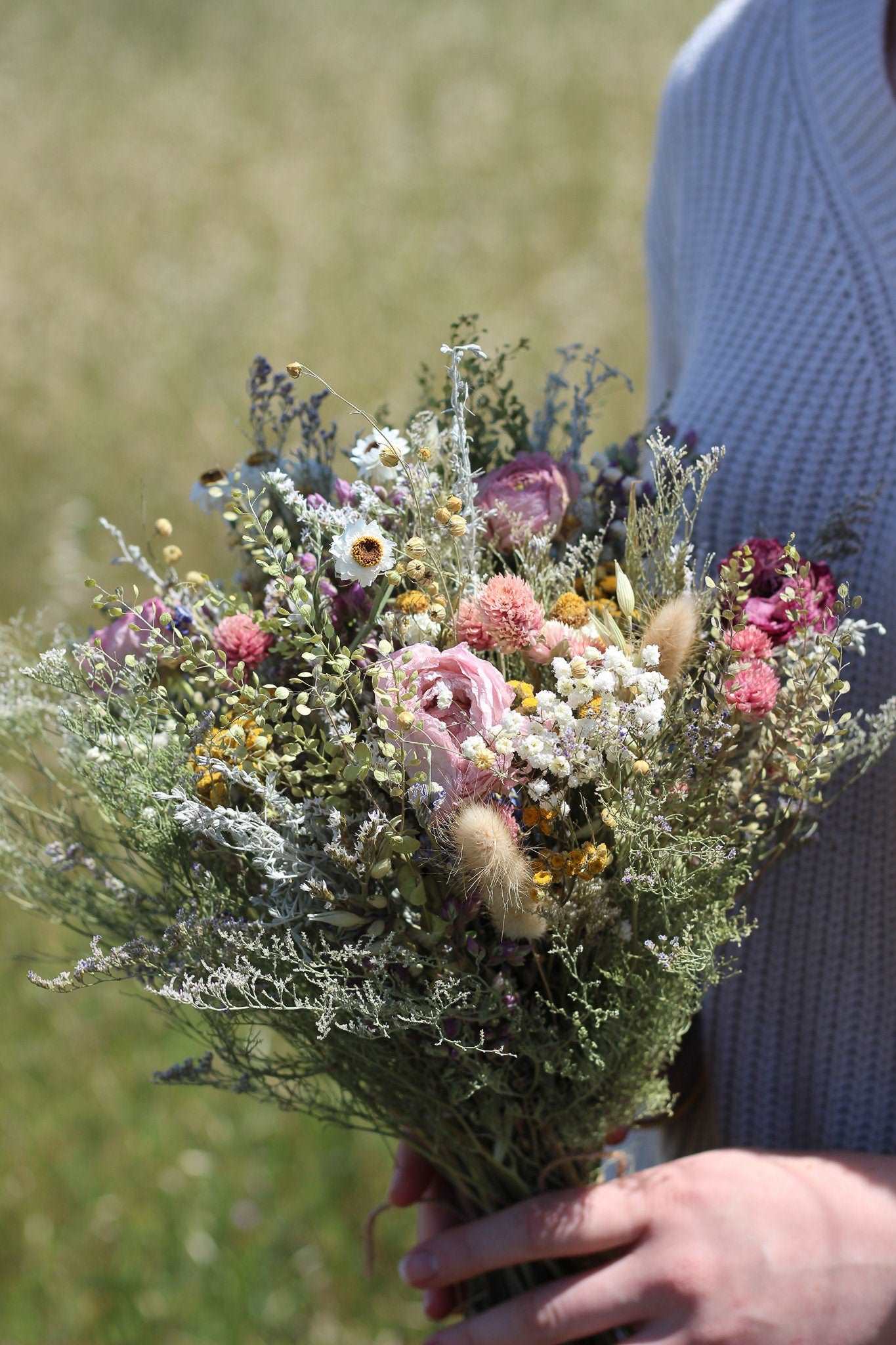 Dried Flower Bouquet with Ranunculus, Yarrow, Daisies & Baby’s Breath