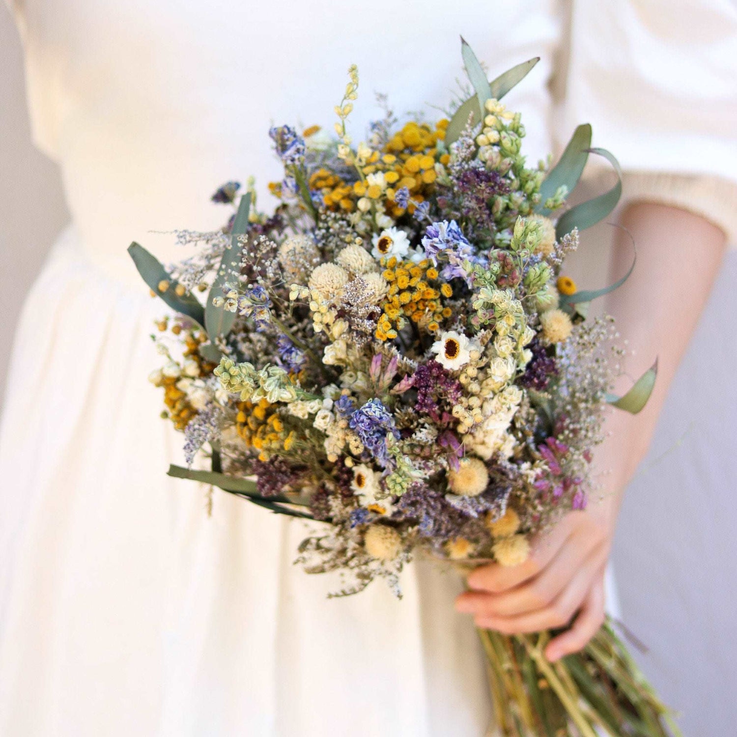 Eucalyptus boutonnière with dried Yarrow and Lavender Dried Bridal bouquet / Dry Flower Wedding, Rustic Boho Brides, Bridesmaid bouquet