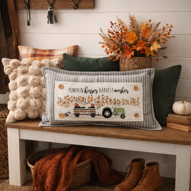 PANEL ONLY: RECTANGLE Autumn Fall Leaf Leaves White Pumpkin Patch Farm Hay Wagon CORN FIELD TRACTOR