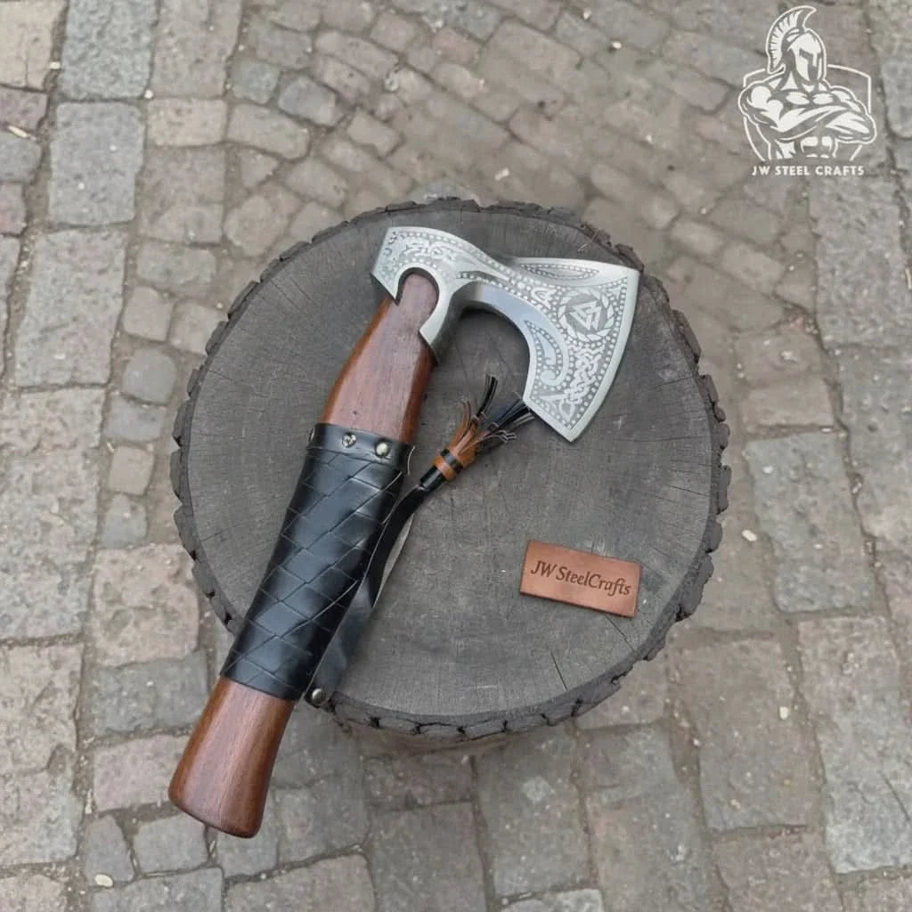 Viking Axe with Leather Wrapped Handle & Engraved Head – JW SteelCrafts