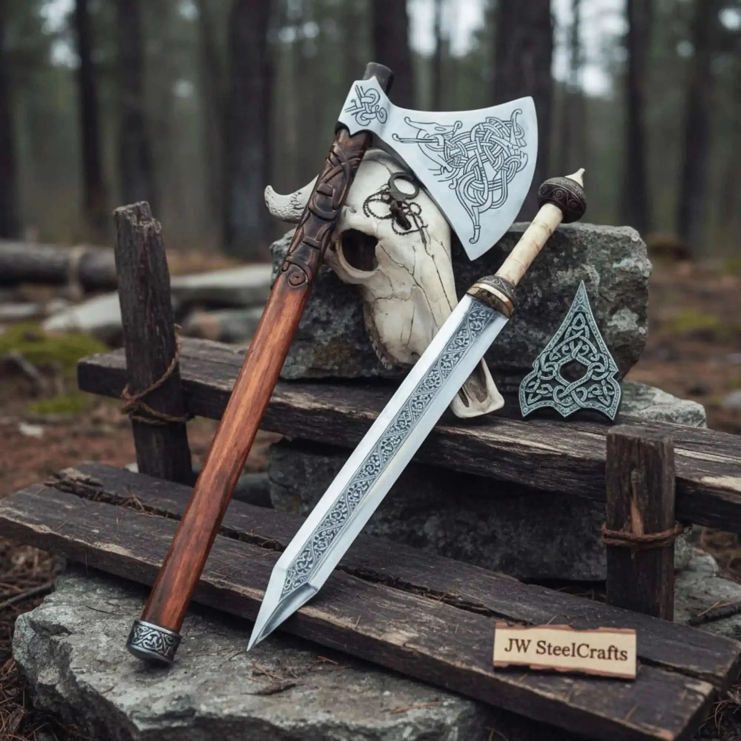 Custom Handmade Stainless Steel Double Handed Viking axe set with Handmade Gladius piece