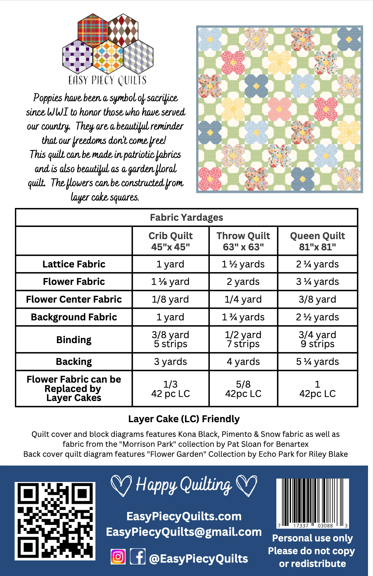 Poppy Quilt Pattern - Paper Print Version, Mailed