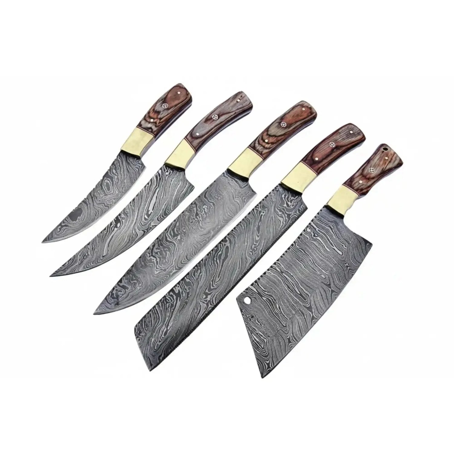 Handmade Damascus Kitchen Knife Set of 5 with Full Tang Wood Handles