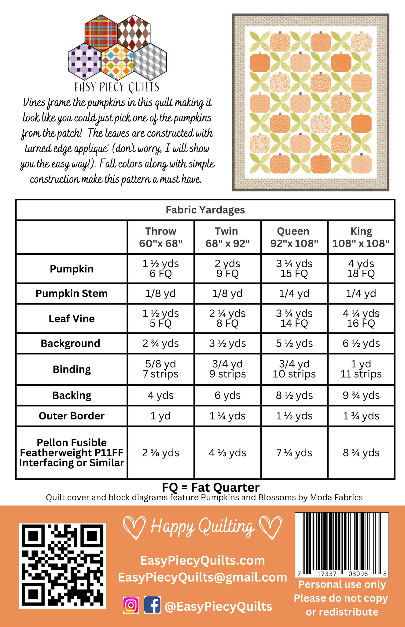 Pumpkin Vines Quilt Pattern - Paper Print Version