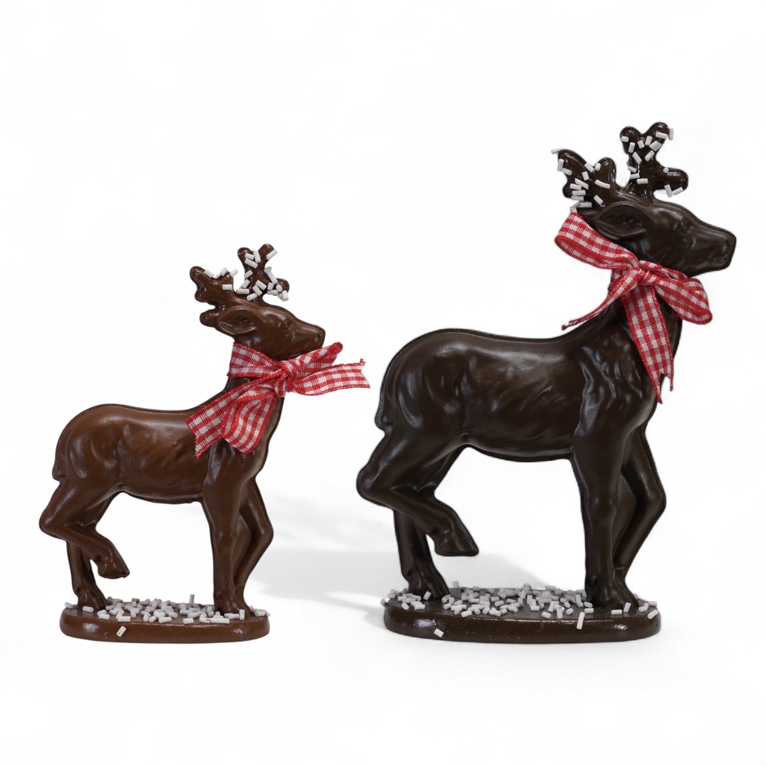 Resin Chocolate Deer Figurines with Gingham Bow & Sprinkles | 2 Sizes