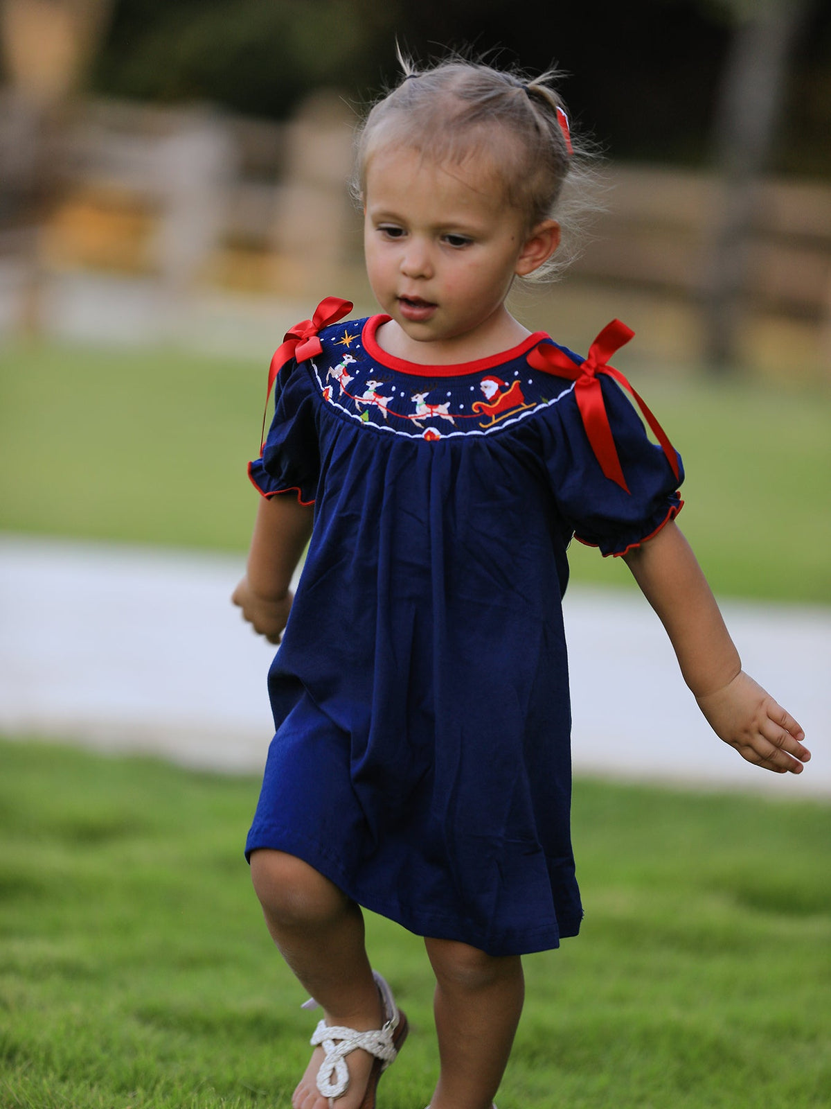 Christmas Holiday Celebration Dress: Navy with Santa Sleigh