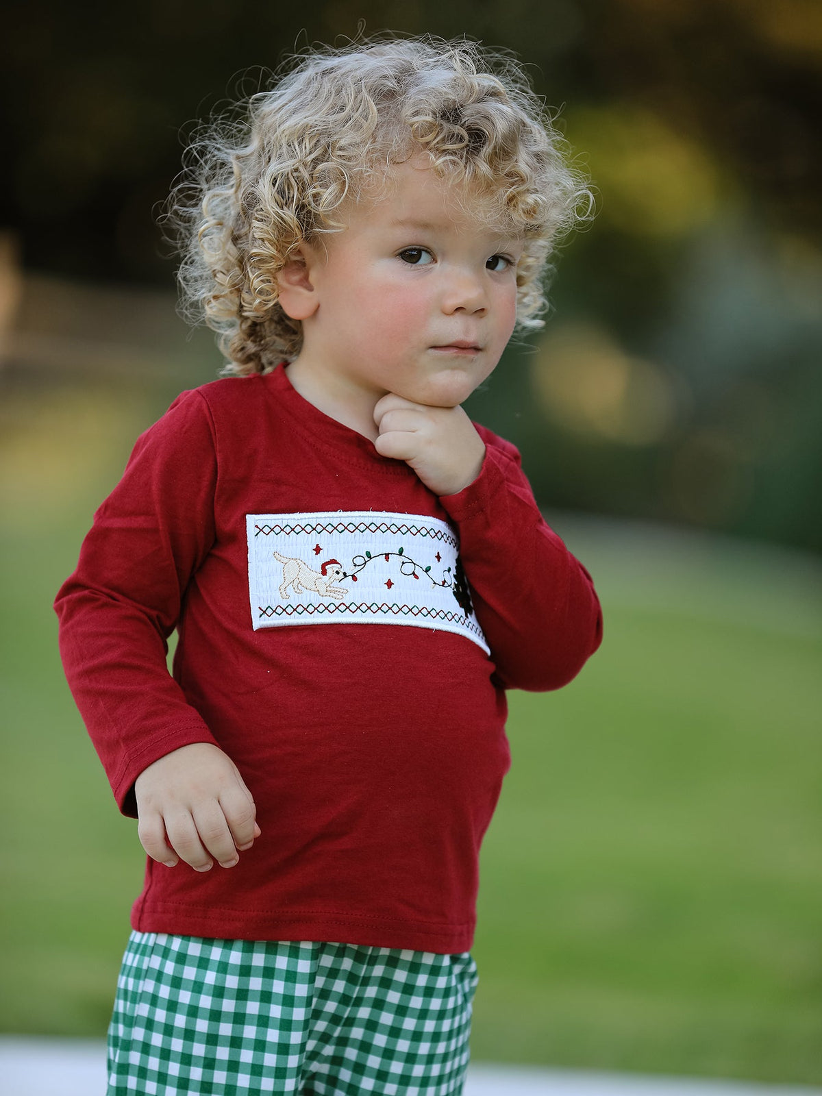 Christmas Tree Dog Smocking Embroidered Plaid Boys Set