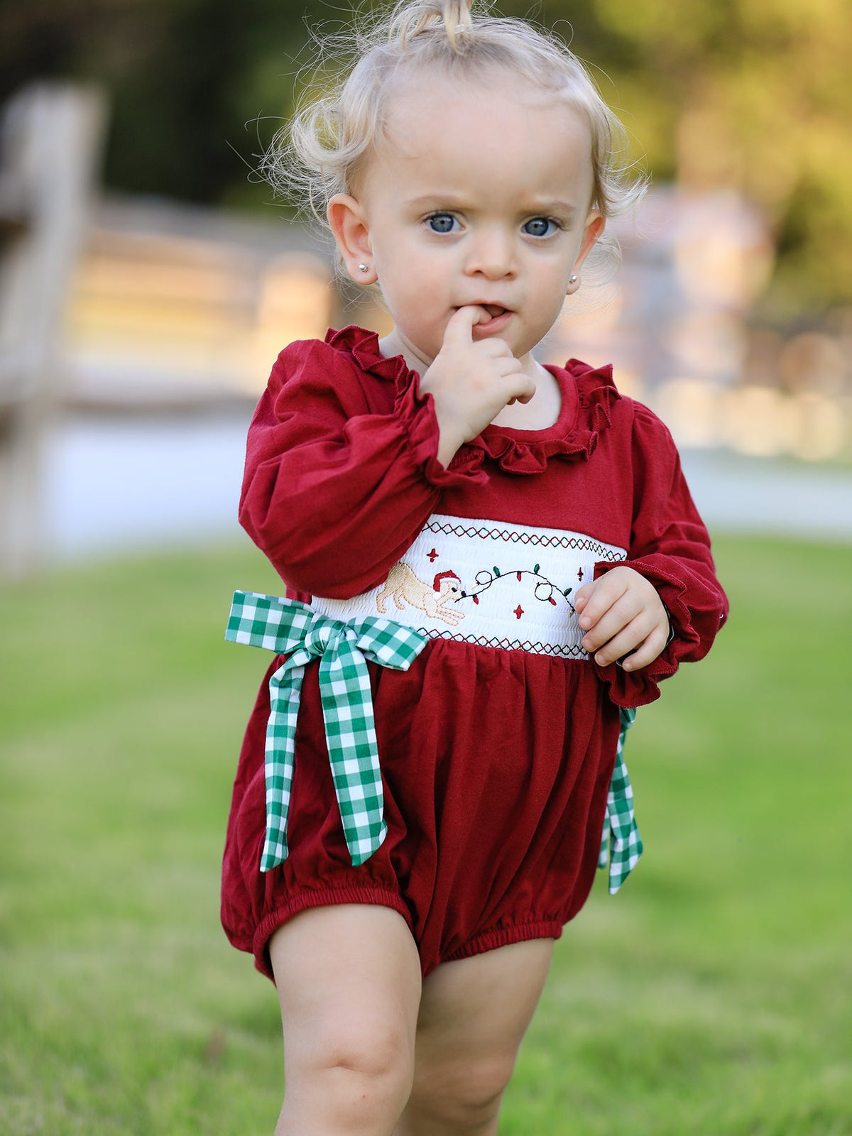 Christmas Embroidered Baby Girls Romper with Green Plaid Bow