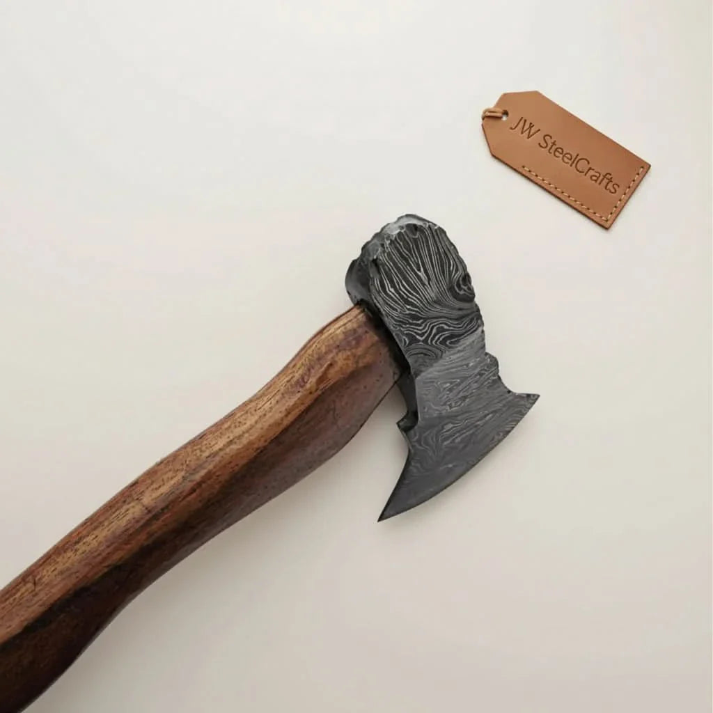 Damascus Scandinavian Carving Axe with Curved Hardwood Handle