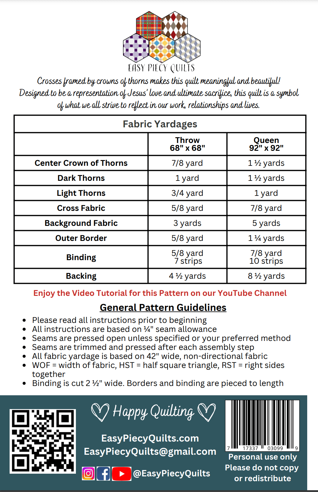 Rugged Cross Quilt Pattern - Paper Print Version