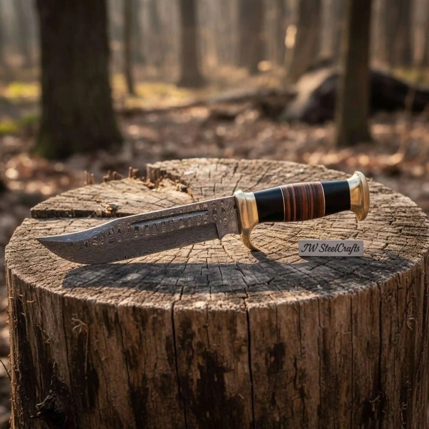 Hammer Forged Damascus Clip Point Bowie Knife with Resin & Stacked Leather Handle