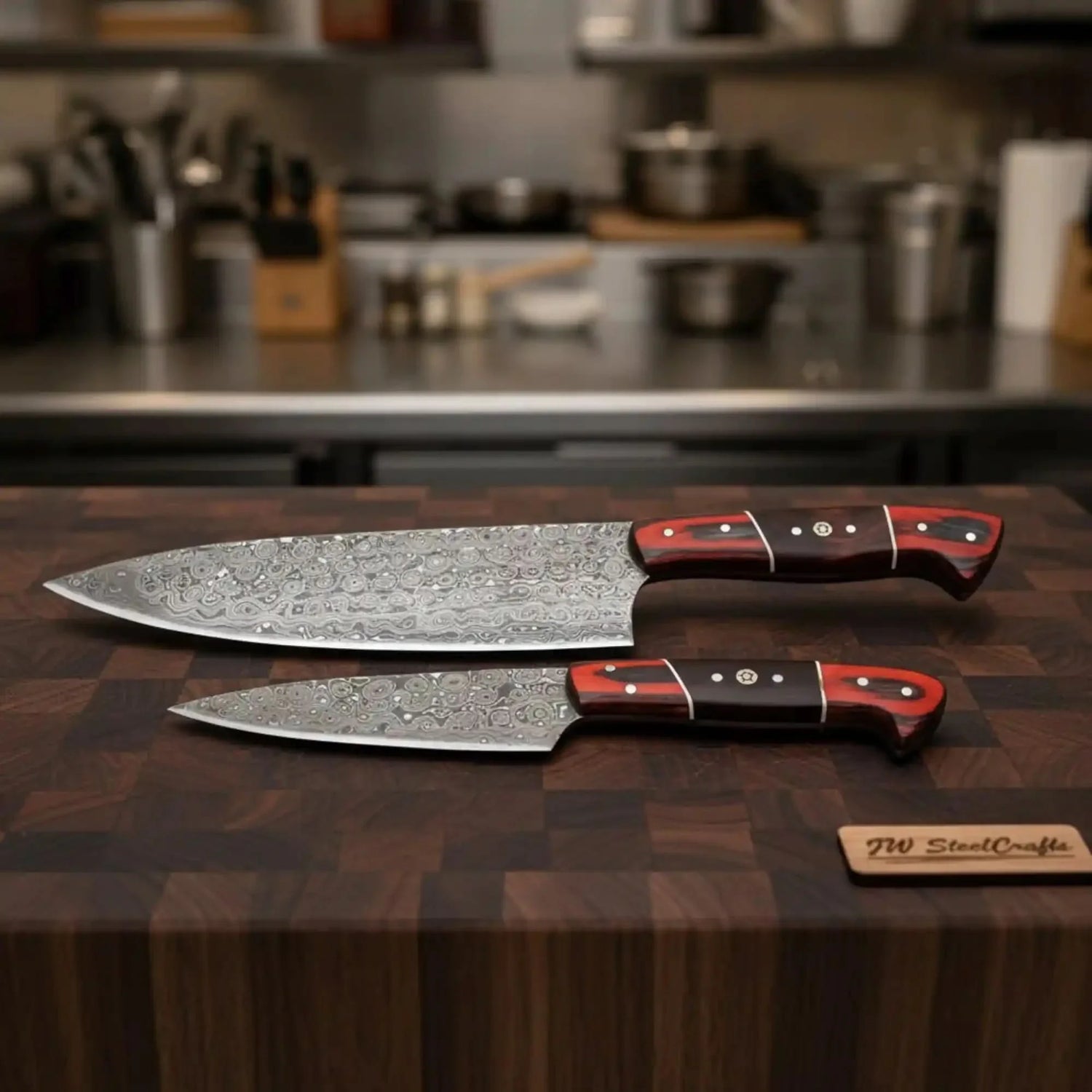 Damascus Gyuto & Petty Knife Pair — 13 & 8 Inch Blades with Red Pakka Wood & Rosewood Handles and Mosaic Pins | JW Steel Crafts