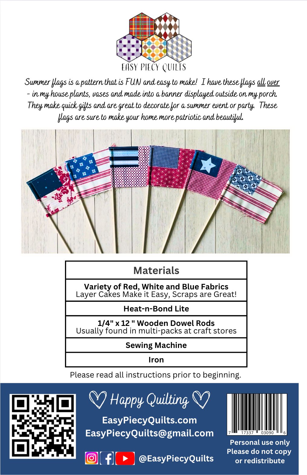 Summer Flags Sewing Pattern - Paper Print Pattern, Mailed