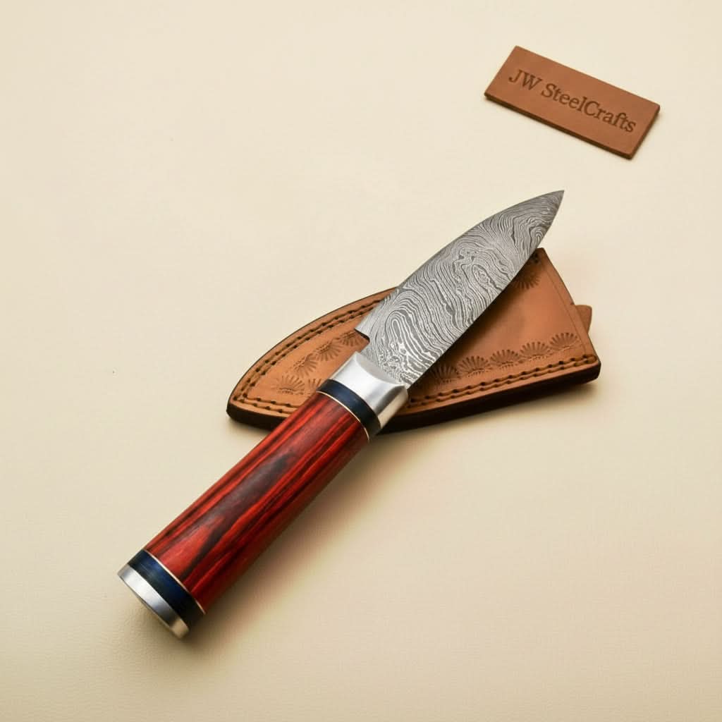 Handmade Damascus Petty Knife – 4-Inch Blade | Red Pakkawood Handle & Steel Bolster | 8