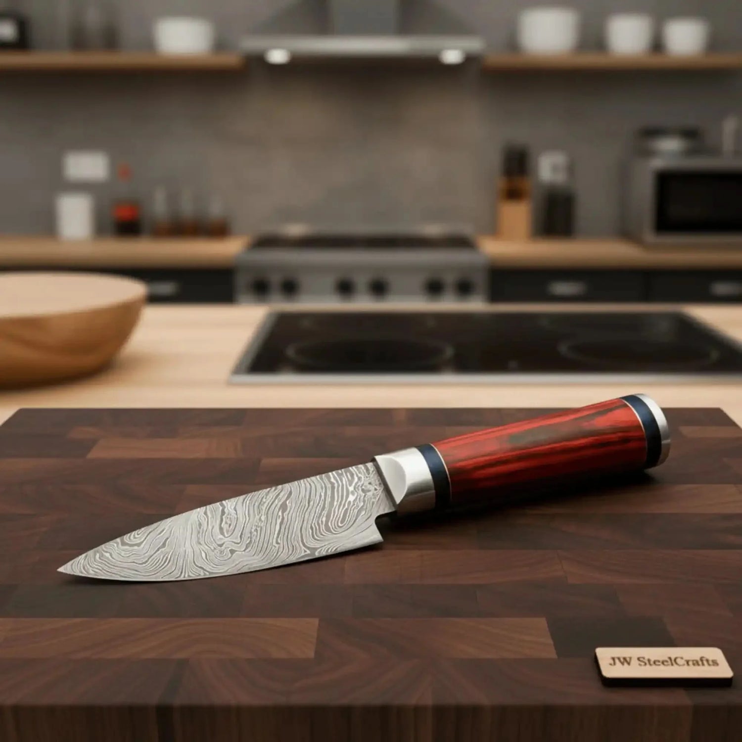 Handmade Damascus Petty Knife – 4-Inch Blade | Red Pakkawood Handle & Steel Bolster | 8
