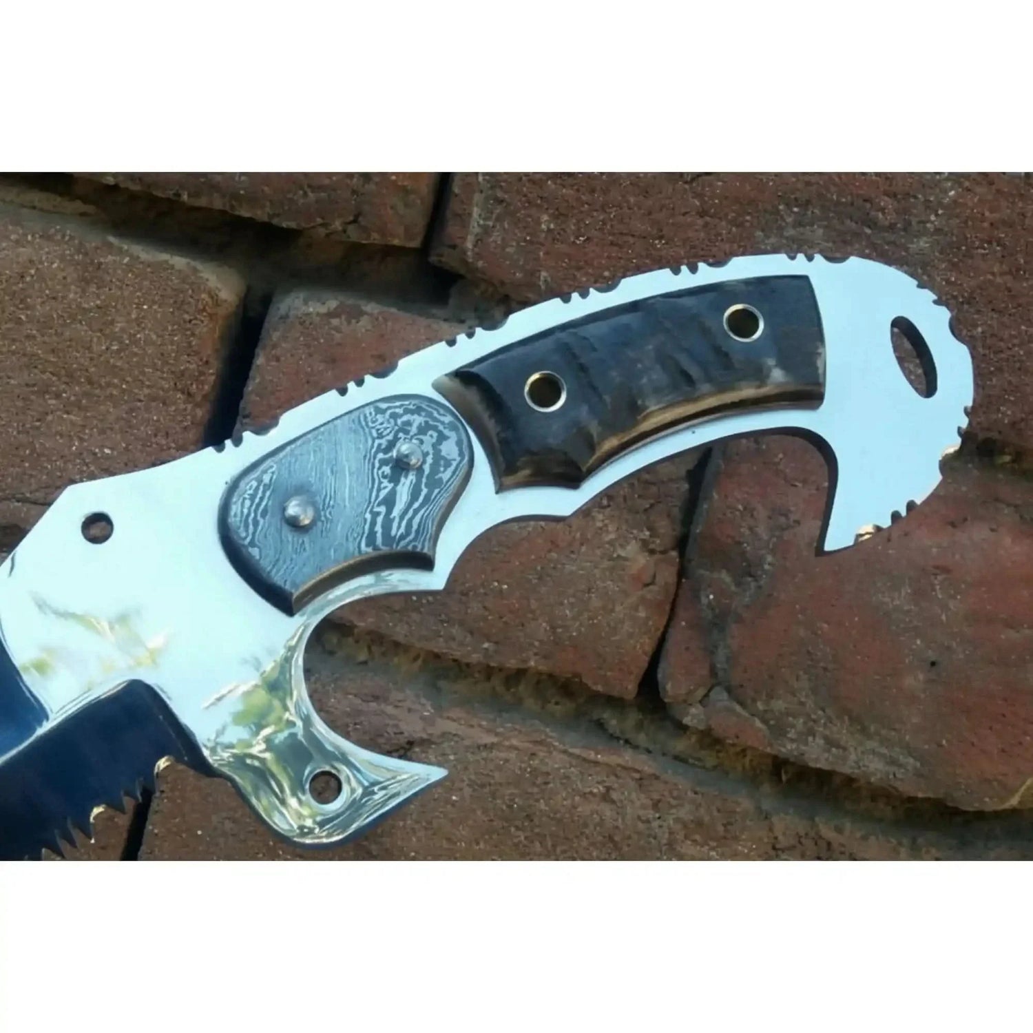 Tracker Knife Custom Handmade J2 Steel Handle Sheep Horn & Damascus Bolster 13