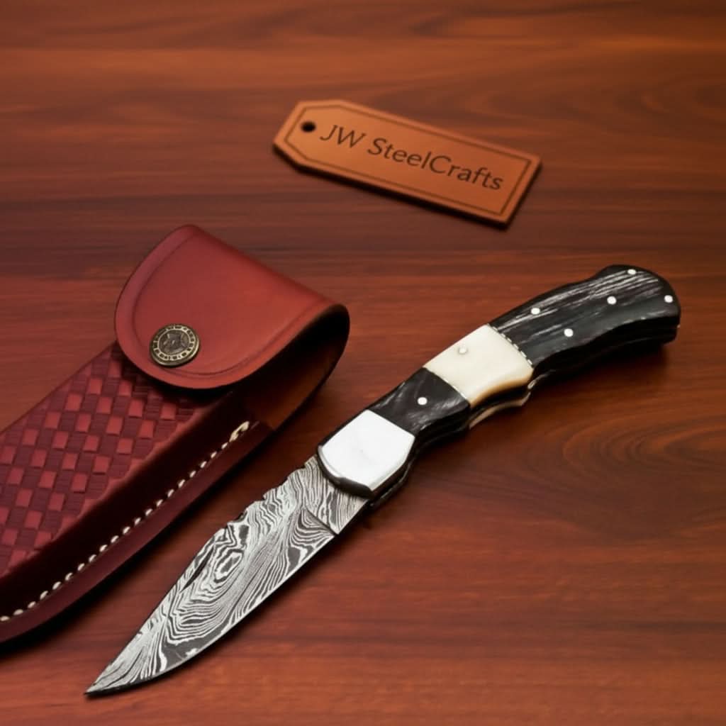 Handmade Damascus Folding Pocket Knife Engraved & Plain Handle Variants | Leather Sheath Included