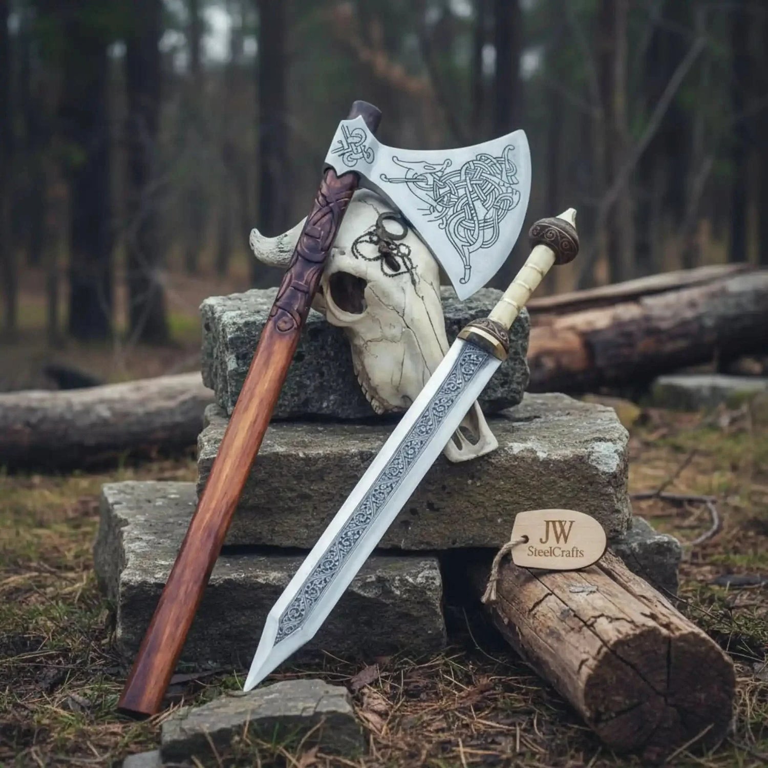 Custom Handmade Stainless Steel Double Handed Viking axe set with Handmade Gladius piece