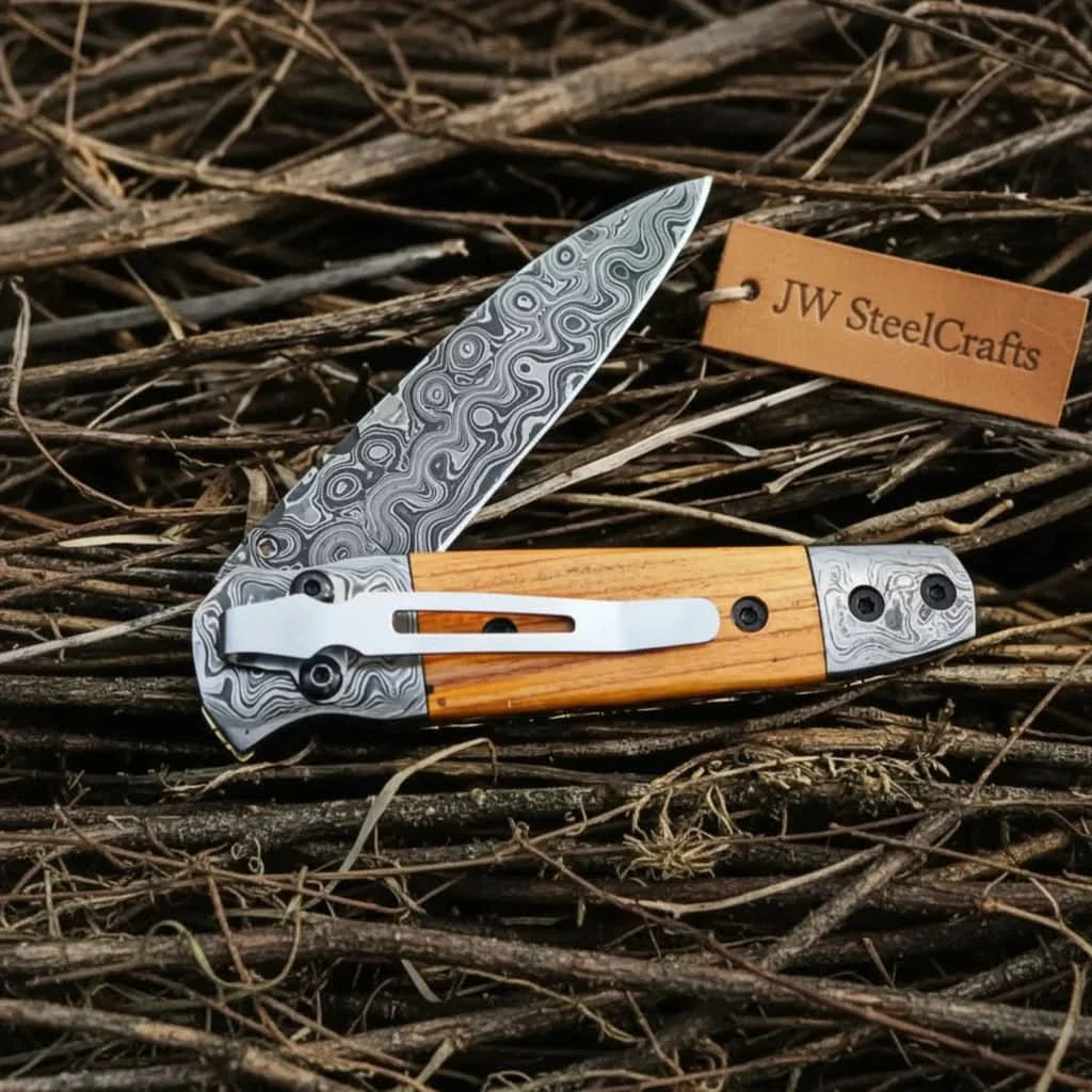Damascus Steel Folding Knife with Olive Wood Handle