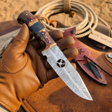 Texas Star Damascus Bowie Knife 11" Handmade Deer Engraved Two-Tone Handle by JW SteelCrafts