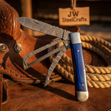 Midnight Blue Damascus Trapper Folder Knife 7" Handmade Two-Blade with Resin handle by JW SteelCrafts