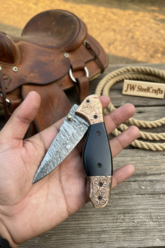 Duskhorn Damascus Folder 7.5" Handmade Micarta Handle Horn Bolster by JW SteelCrafts, product image 5