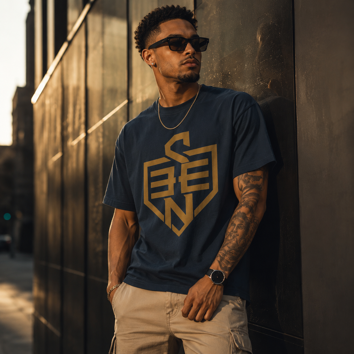 SEEN Shield Logo Tee — Gold Emblem Graphic T-Shirt