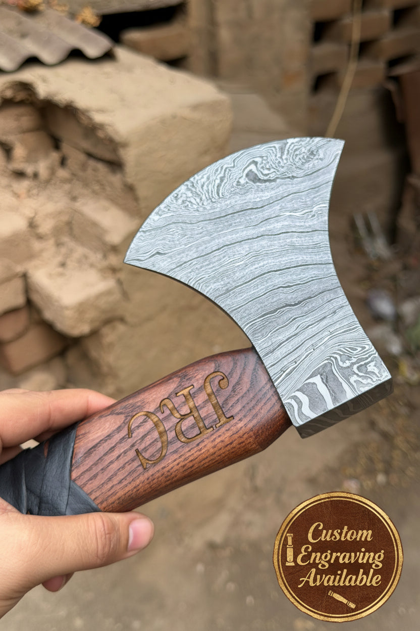 Heavy-Duty Damascus Camp Axe with Leather Wrap Handle