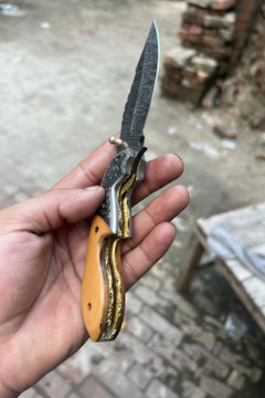 Honeywood Hawkbill Folder Knife 8" Handmade Wood Handle Damascus Blade by JW SteelCrafts, product image 6