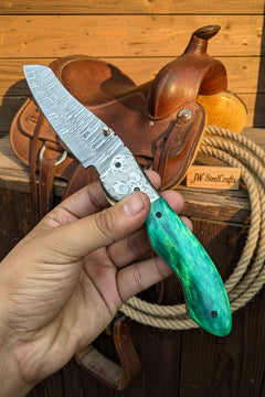 Jadeline Damascus Folder 7" Handmade Turquoise-Green Resin Handle by JW SteelCrafts, product image 6