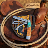 Turquoise Olive Trapper Jack Folding Knife 7" Handmade Carbon with Olive handle by JW SteelCrafts
