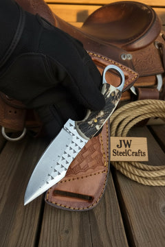 Sundance Tracker Knife 9" Handmade Carbon Steel with Finger Ring Detail by JW SteelCrafts, product image 2