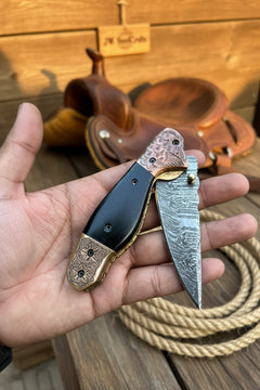 Duskhorn Damascus Folder 7.5" Handmade Micarta Handle Horn Bolster by JW SteelCrafts