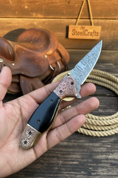 Duskhorn Damascus Folder 7.5" Handmade Micarta Handle Horn Bolster by JW SteelCrafts, product image 7