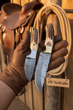 Twin Antler Hunter Knife Set of 2" Handmade Damascus Stag Horn Knife Pair by JW SteelCrafts, product image 2