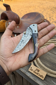 Twilight Burl Folder Knife 7" Handmade Burl Wood Damascus Blade by JW SteelCrafts, product image 2