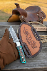 Turquoise Cowboy Silhouette Skinner Knife 7" Handmade Damascus Resin Handle by JW SteelCrafts