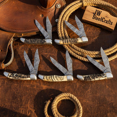 Trailfold Stag Pocket Knife Set 8" Handmade Set of 5 Folding Knives by JW SteelCrafts, product image 5
