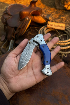 Silverline Ridge Curved Folder Knife 8" Handmade Damascus Steel Resin Handle by JW SteelCrafts, product image 4