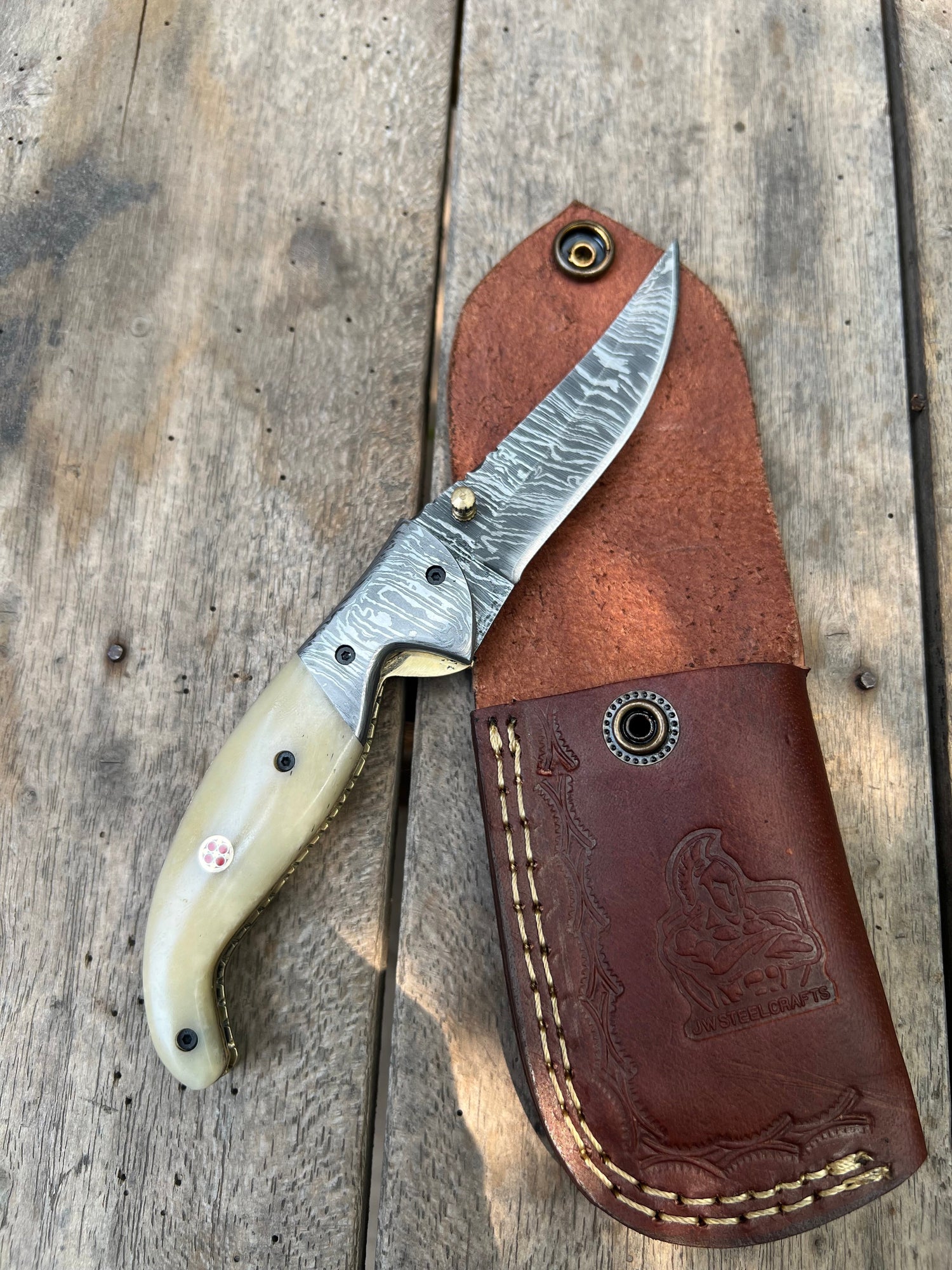 Frontrunner Camel Bone folding knife with Leather Sheath
