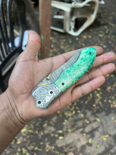 Jadeline Damascus Folder 7" Handmade Turquoise-Green Resin Handle by JW SteelCrafts, product image 10