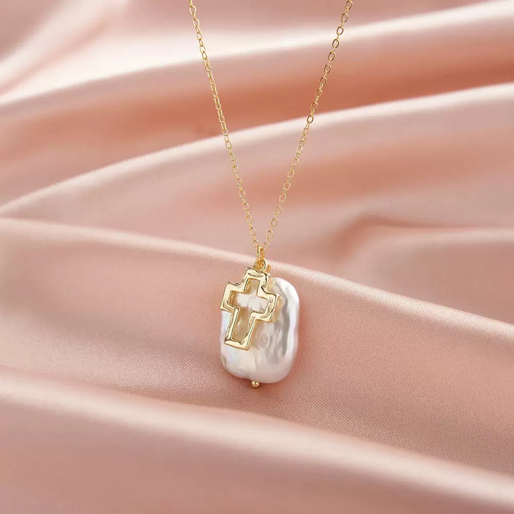 Cross Baroque Pearl Necklace by Starlight Jewelry, product image 3