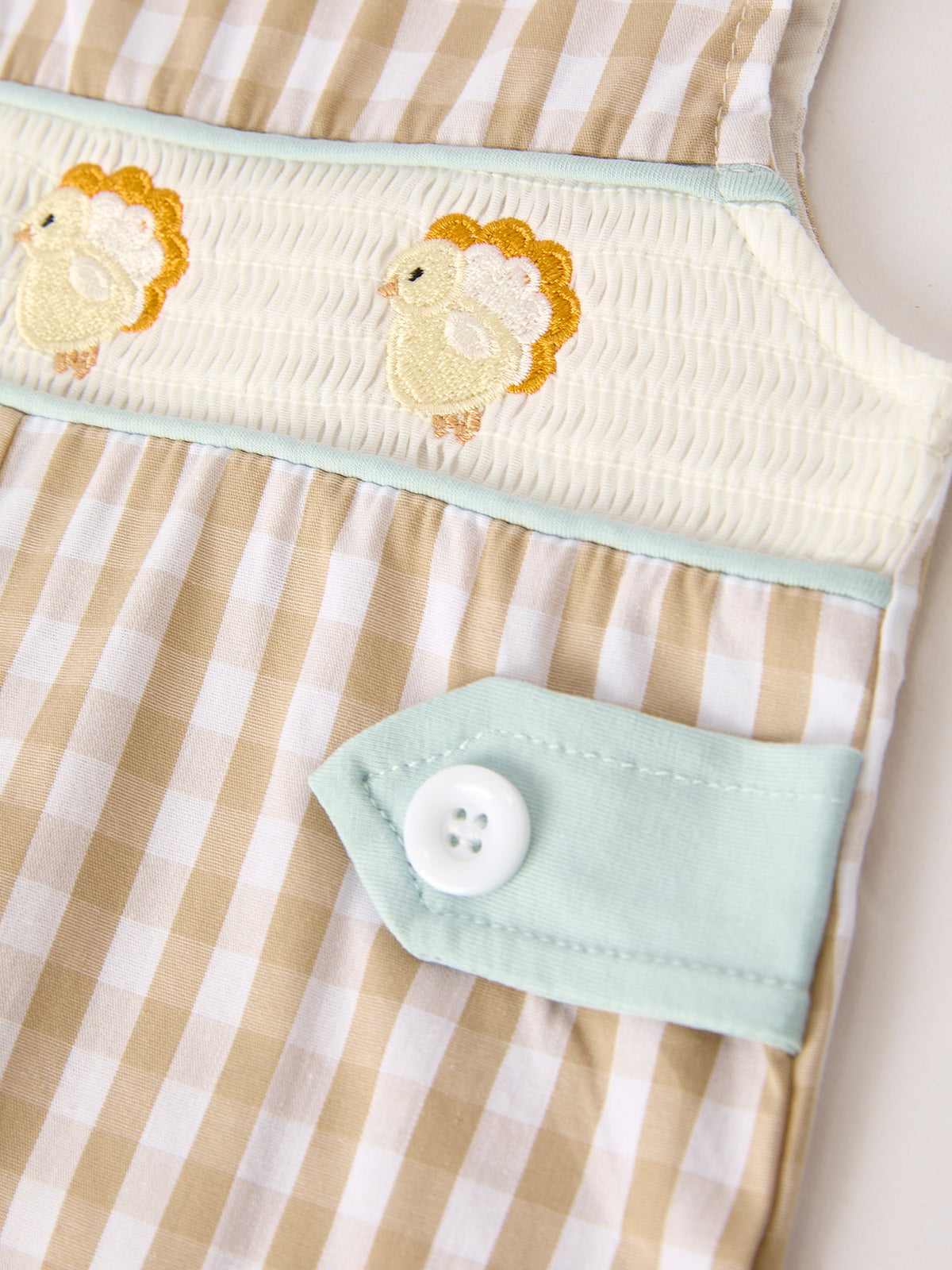 Fall Thanksgiving Apricot Plaid Chick Embroidery Smocking Baby Boys Romper